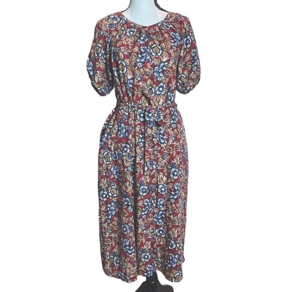 Faherty Boho Linen Dress Size XS Puff Sleeve Midi Belted Red Cottage Peasant - Picture 2 of 16